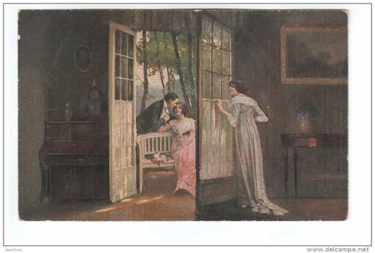 painting by E. Schneider - Belauscht - Overheard - 43 - Amag Kunst - old postcard - circulated in Estonia - used - JH Postcards