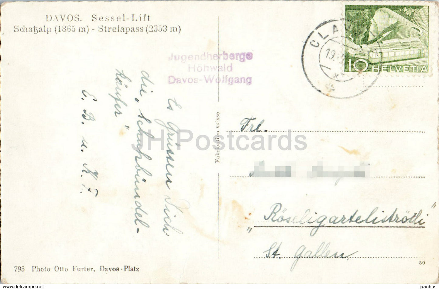 Davos - Sessellift - Schatzalp 1865 m - Strelapass 2353 m - cable car - chairlift - old postcard - Switzerland - used