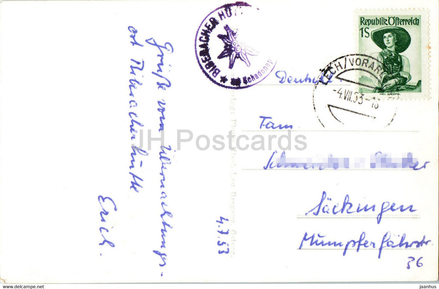 Biberacherhütte 1860 mg Braunarlspitze - 12154 - alte Ansichtskarte - 1953 - Österreich - gebraucht
