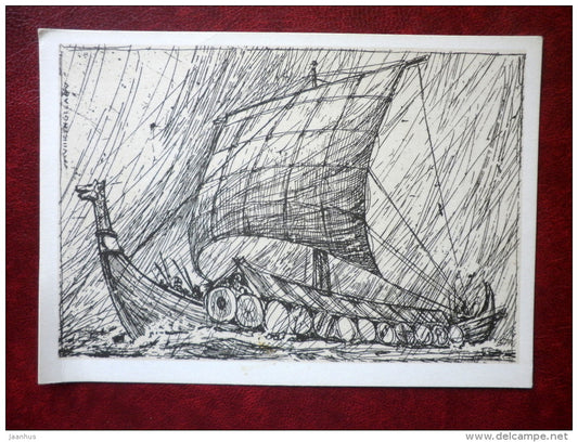 Viking ship - sailing ship - illustration by A. Kütt - 1979 - Estonia USSR - unused - JH Postcards