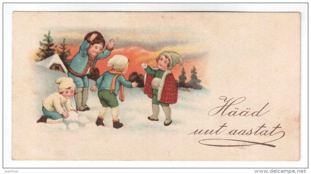 New Year mini Greeting Card - playing children - old postcard - circulated in Estonia - used - JH Postcards