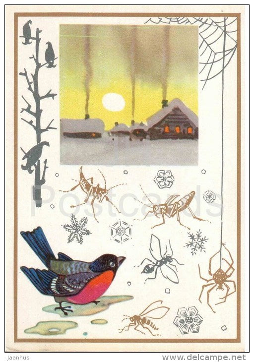 Bullfinch - birds - insects - Live Thermometers - 1974 - Russia USSR - unused - JH Postcards