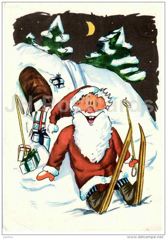 New Year Greeting card - illustration by A. Boltovski - Santa Claus - ski - gifts - 1983 - Estonia USSR - unused - JH Postcards