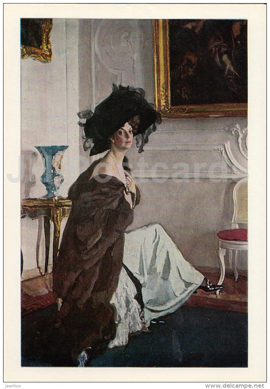 painting by V. Serov - Portrait of O. Orlova , 1911 - woman - hat - Russian art - 1981 - Russia USSR - unused - JH Postcards