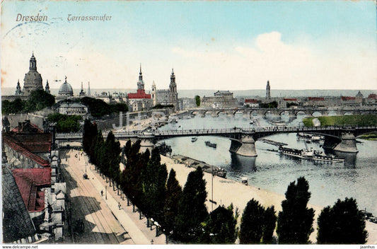 Dresden - Terrassenufer - bridge - ship - old postcard - 1909 - Germany - used - JH Postcards