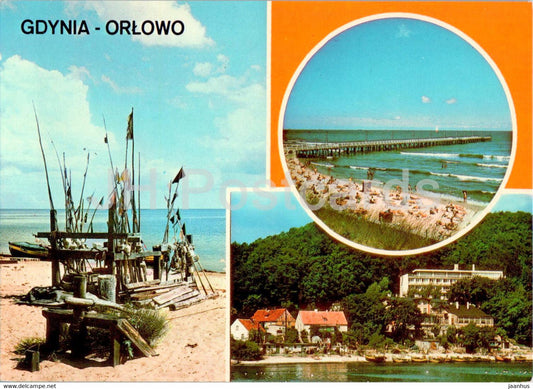 Gdynia Orlowo - Plaza i molo - Przystan rybacka - sanatorium - Beach and pier - harbour - multiview - Poland - unused - JH Postcards