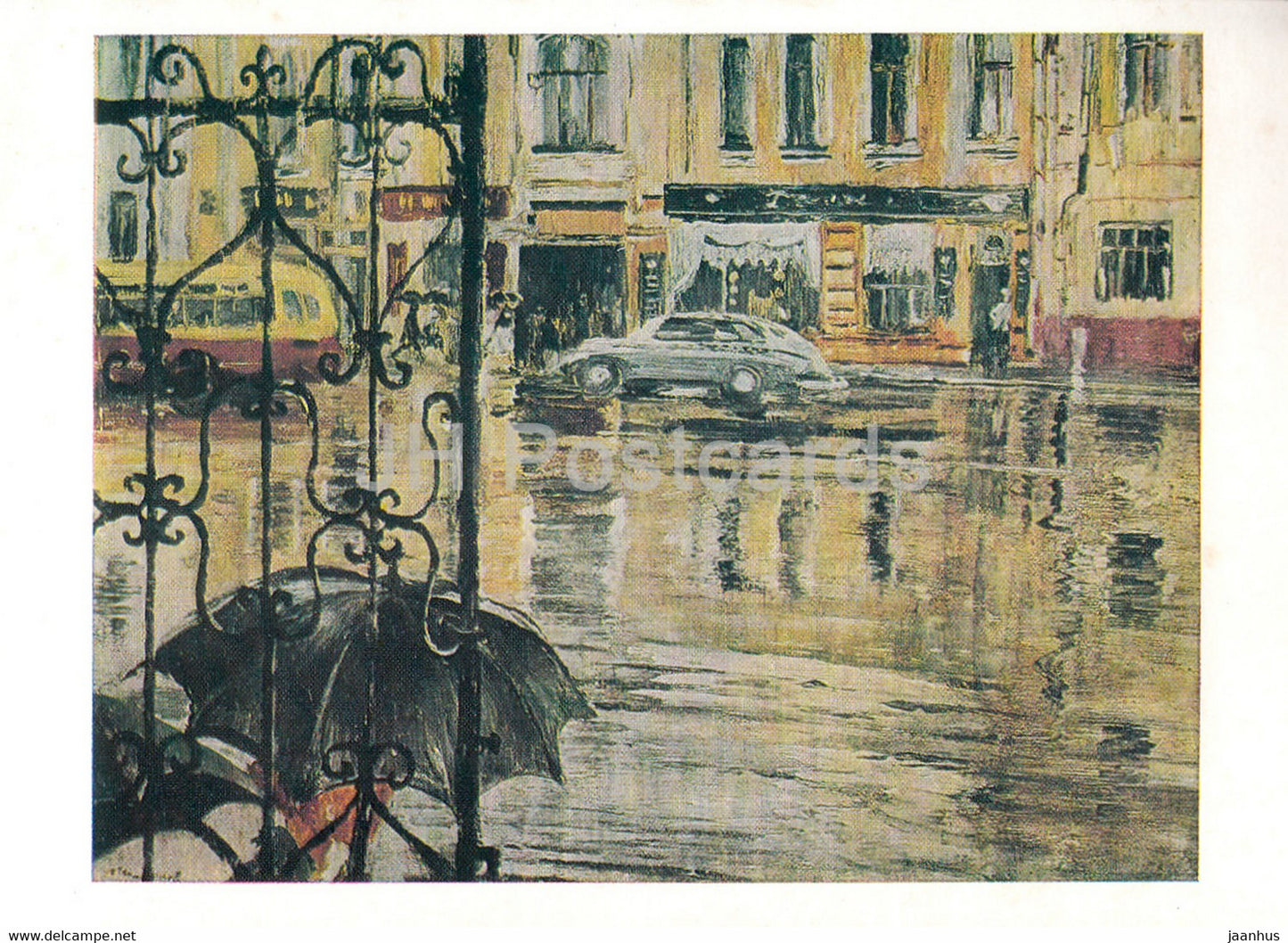 painting by Juri Iwanowitsch Pimenow Pimenov - Platzregen - rain - Russian art - 1971 - Germany - unused - JH Postcards