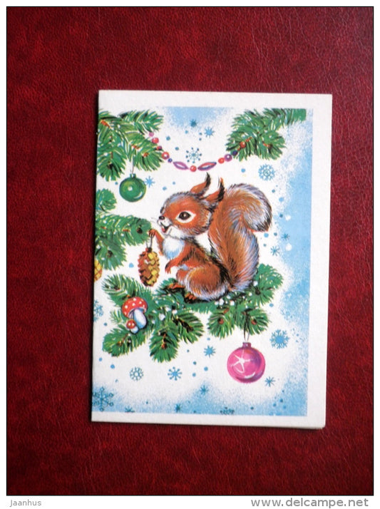 New Year mini greeting card - by I. Firsanova - squirrel - decorations - 1988 - Russia USSR - used - JH Postcards