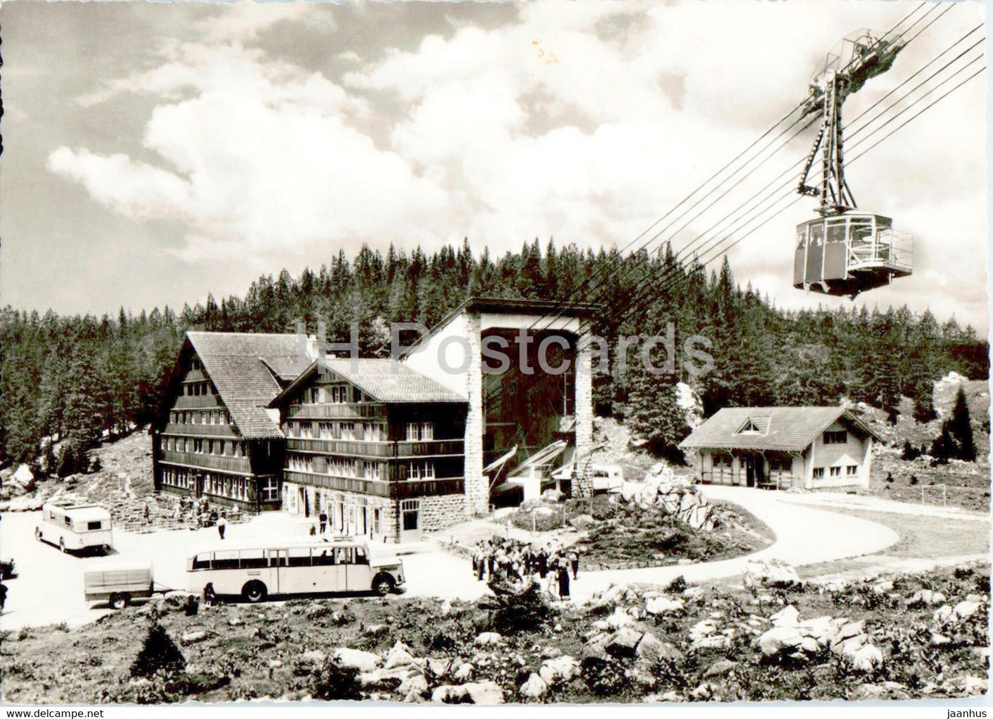 Restaurant und Talstation der Santis Schwebebahn auf Schwagalp - bus - cable car - old postcard - Switzerland - unused - JH Postcards