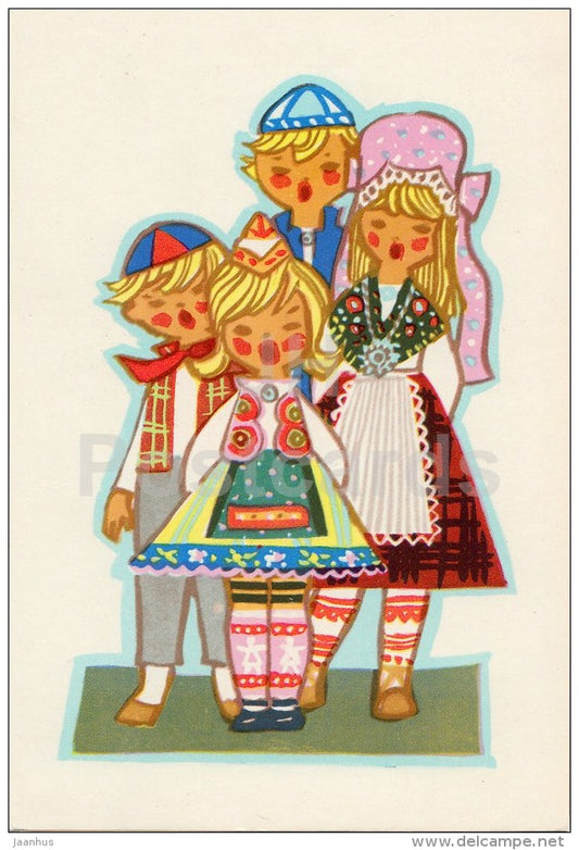 illustration by M. Fuks - children are singing - Estonian Folk Costumes - 1969 - Estonia USSR - unused - JH Postcards