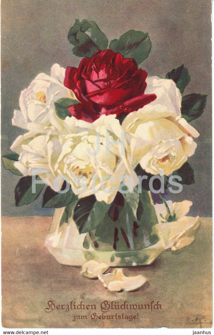 Birthday Greeting Card - Herzlichen Gluckwunsch zum Geburtstage - flowers - LP 1397/I - old postcard 1928 Germany - used - JH Postcards