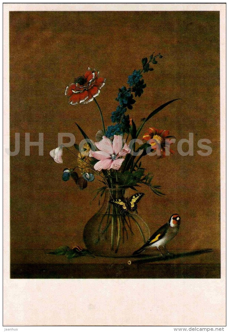 painting by F. Tolstoy - Flower Bouquet , Butterfly and Bird , 1820 - Russian art - 1984 - Russia USSR - unused - JH Postcards