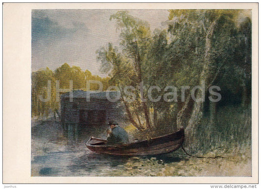 painting by F. Vasilyev - Watermill Ruins - boat - Russian art - 1956 - Russia USSR - unused - JH Postcards