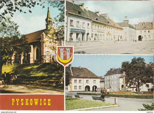 Pyskowice - church - market view - multiview - 1979 - Poland - used - JH Postcards