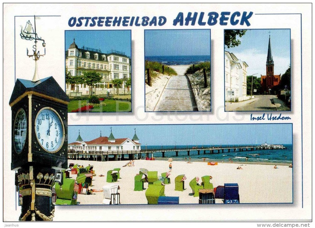 Ostseeheilbad Ahlbeck - Insel Usedom - kirche - strand - church - beach - gelaufen - JH Postcards