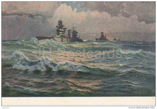 painting by E. Lvov - Black Sea Fleet maneuvers - battleship - warship - russian art - unused - JH Postcards