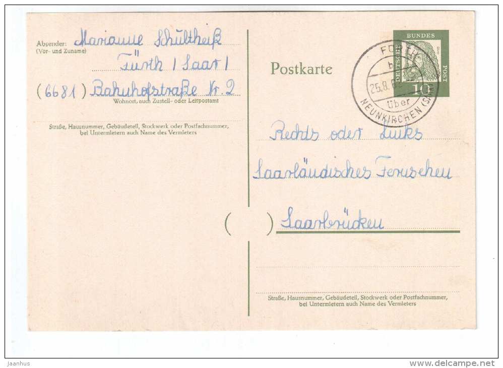 Stamped Stationery  Used , German 1962 Fürth , Neunkirchen (Saar) - JH Postcards