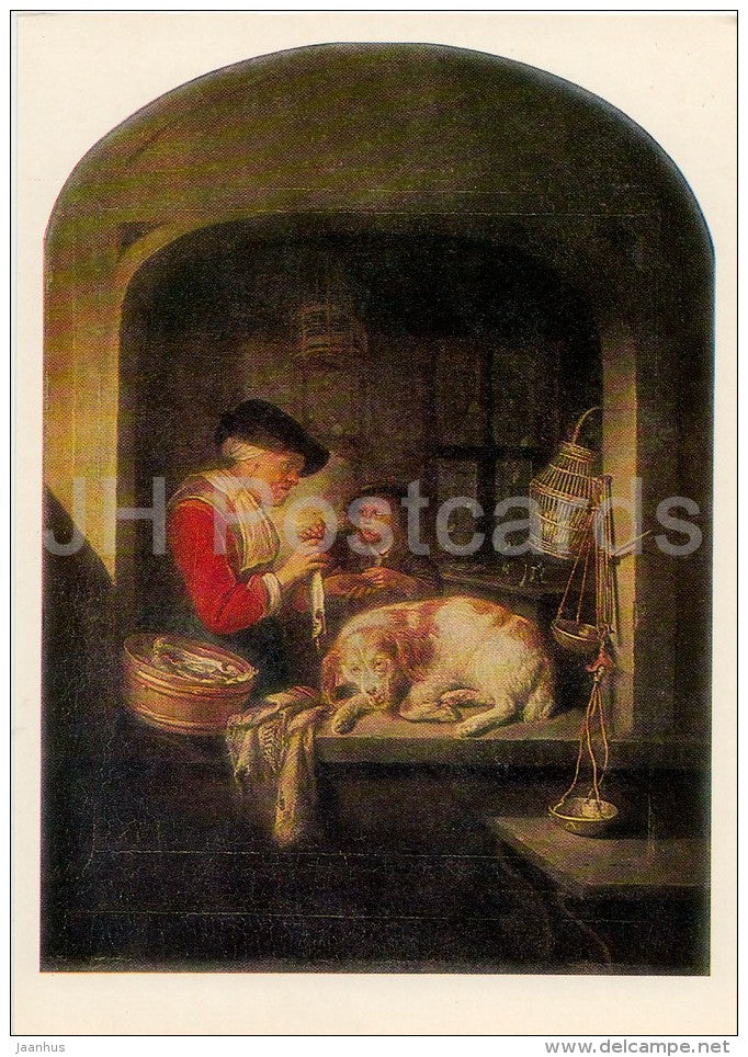 painting by Gerard Dou - A Herring Seller - dog - Dutch art - Russia USSR - 1986 - unused - JH Postcards