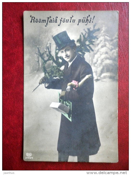 Christmas Greeting Card - man with christmas tree - EAS 3753/4 - circulated in Tsarist Russia 1911 , Wesenberg - used - JH Postcards