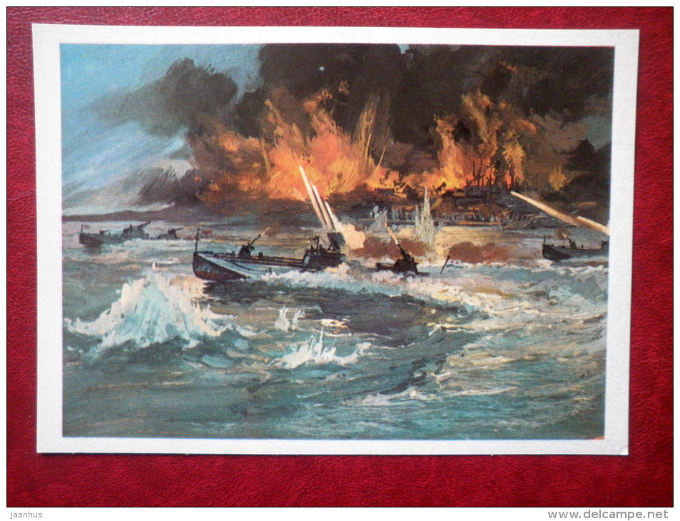 Troopers in Uiskaya bay - by I. Rodinov - soviet mine boats - WWII - 1984 - Russia USSR - unused - JH Postcards