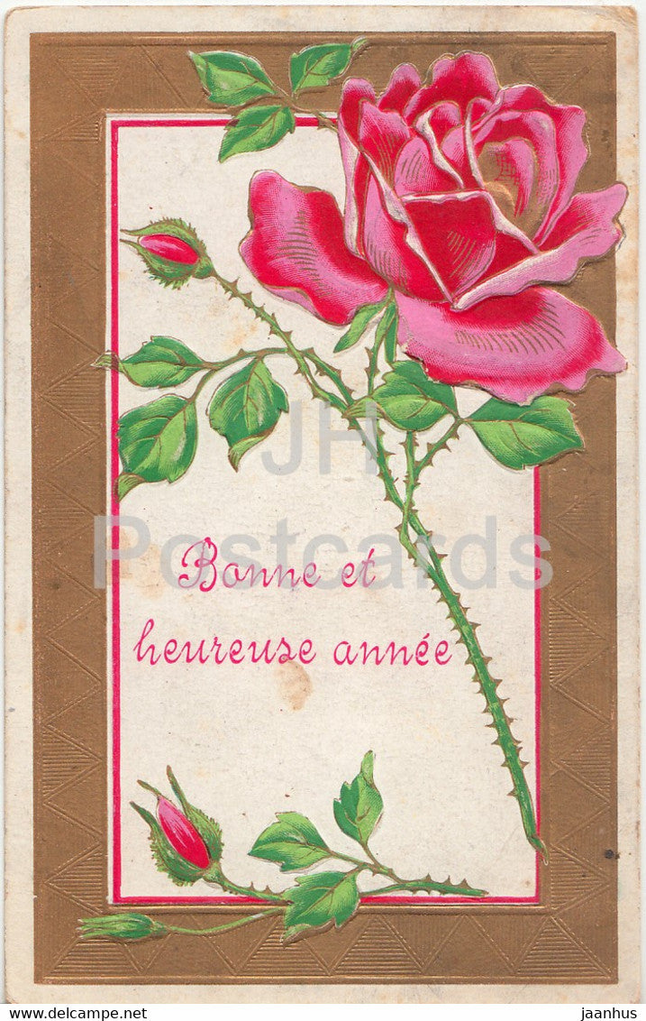 Birthday Greeting Card - Bonne et heureuse annee flowers red rose -  illustration - old postcard - 1908 - France - used - JH Postcards