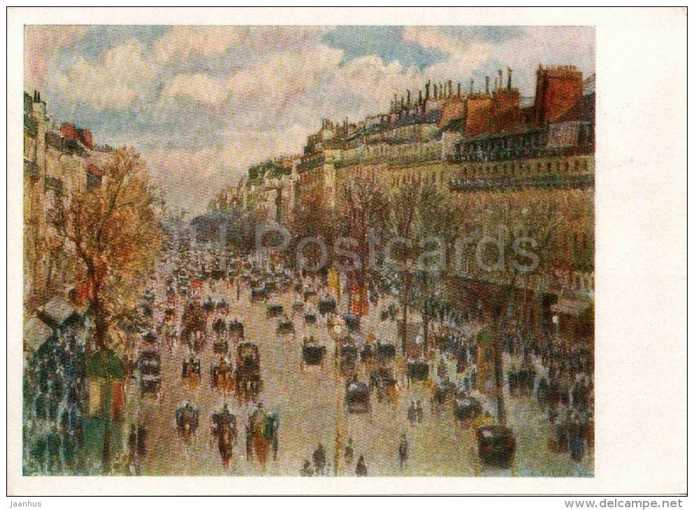 painting by Camille Pissarro - Le Boulevard de Montmartre , 1897 - carriage - french art - unused - JH Postcards