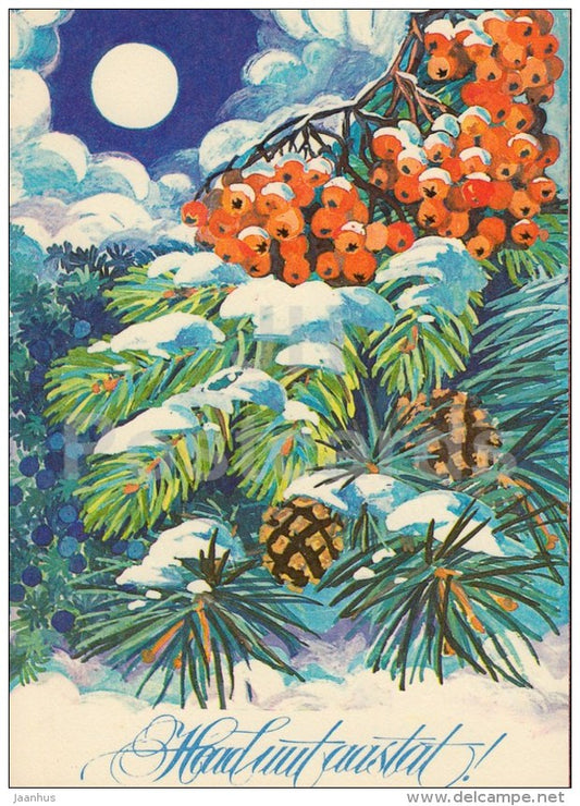 New Year Greeting card by M. Peil - 1 - rowan berries, juniper berries - 1978 - Estonia USSR - used - JH Postcards