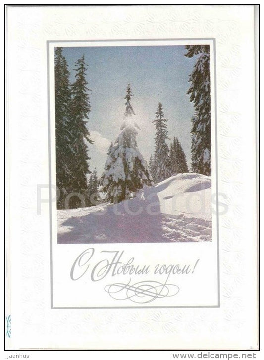 New Year greeting card - winter forest - fir trees - embossed - 1981 - Russia USSR - unused - JH Postcards