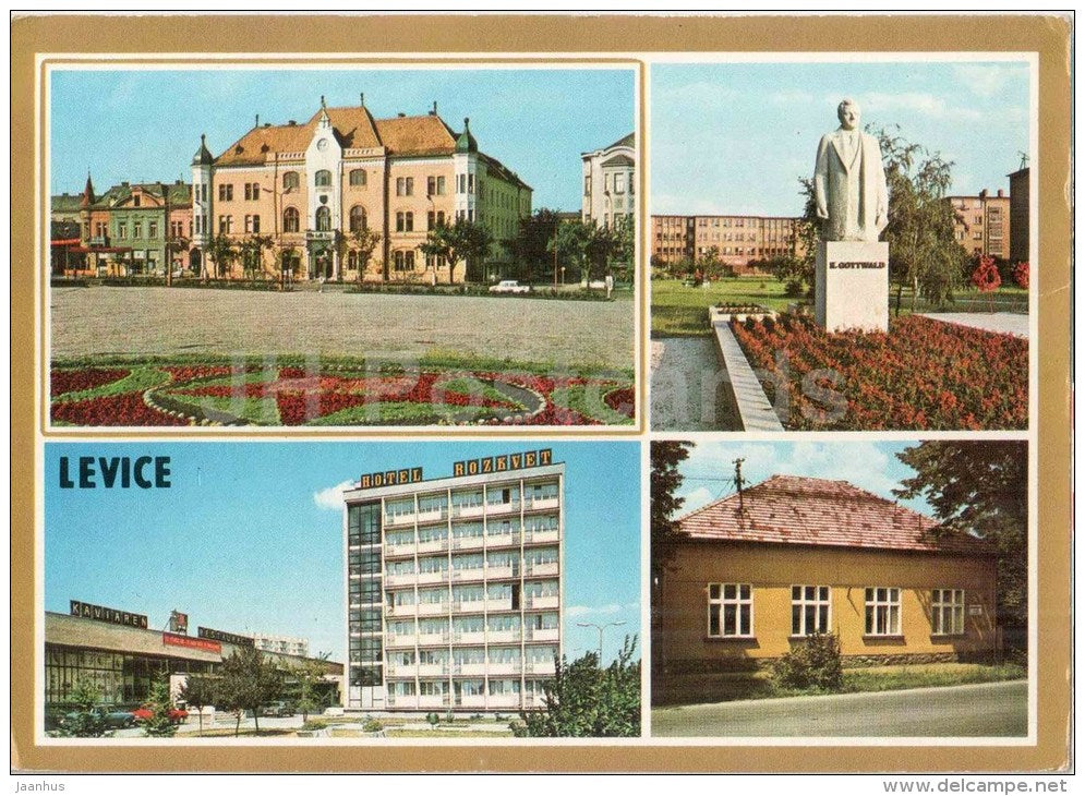 Levice - National committee - hotel Rozkvet - Gottwald monument - Czechoslovakia - Slovakia - used 1977 - JH Postcards