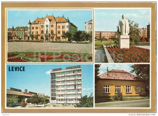 Levice - National committee - hotel Rozkvet - Gottwald monument - Czechoslovakia - Slovakia - used 1977 - JH Postcards