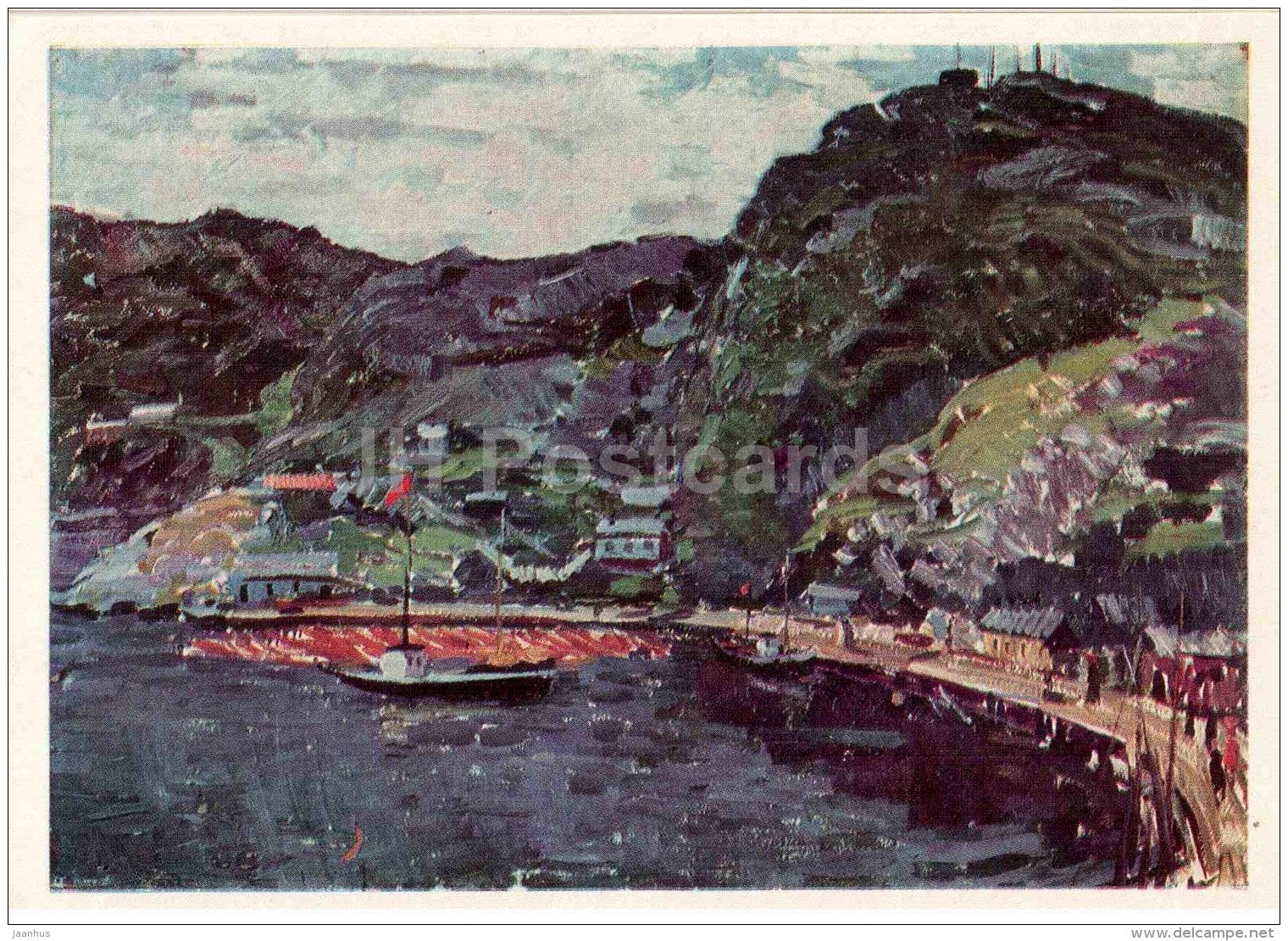 Portrait of Nina Sergeyeva - Port Vladimir . Arctic , 1965 - boat - houses - Russian art - 1968 - Russia USSR - unused - JH Postcards