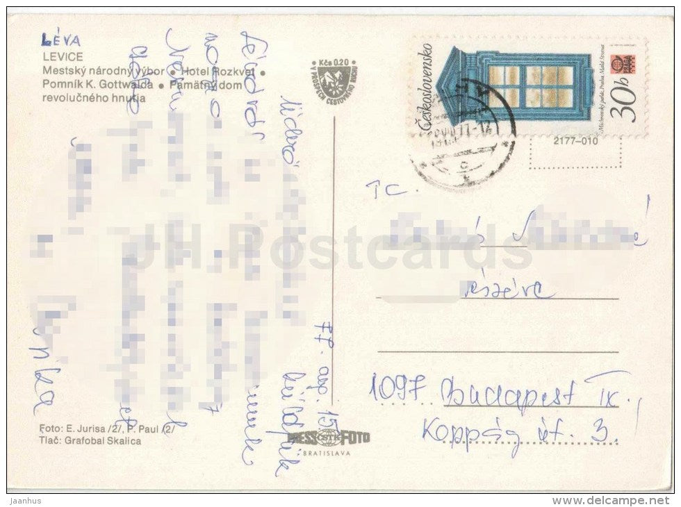 Levice - National committee - hotel Rozkvet - Gottwald monument - Czechoslovakia - Slovakia - used 1977 - JH Postcards