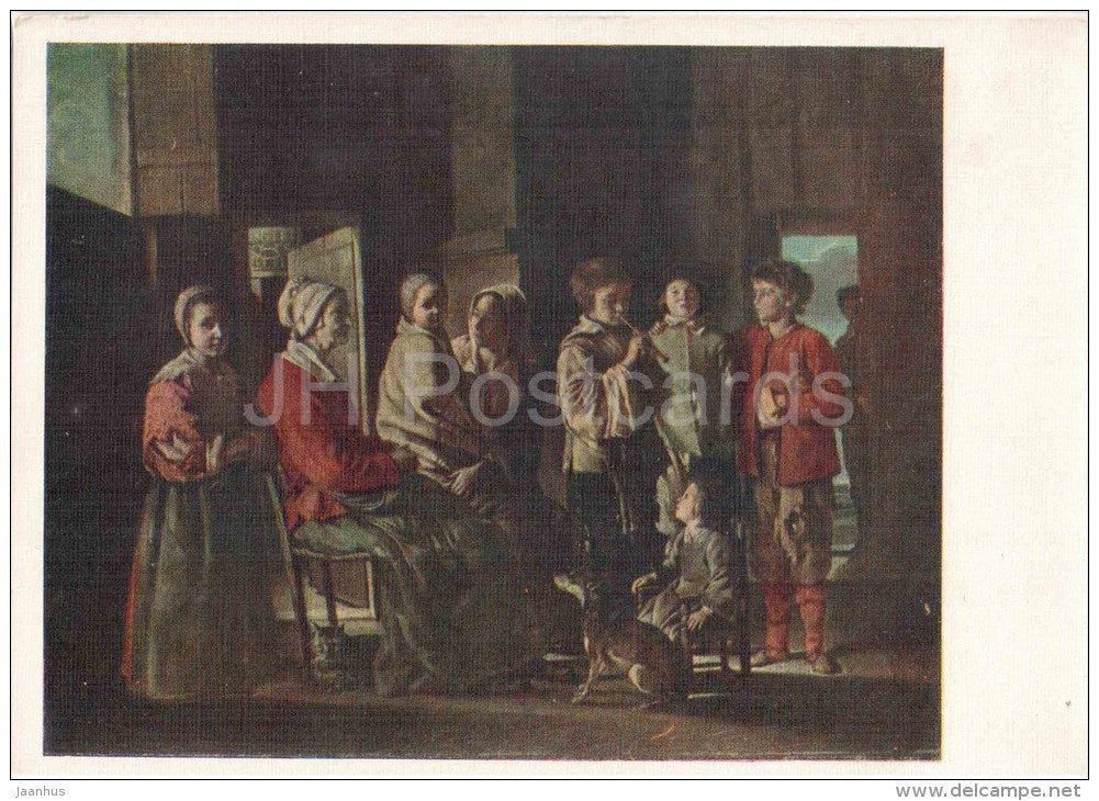 painting by Louis Le Nain - Visit to Grandmother - flute - dog - french art - unused - JH Postcards