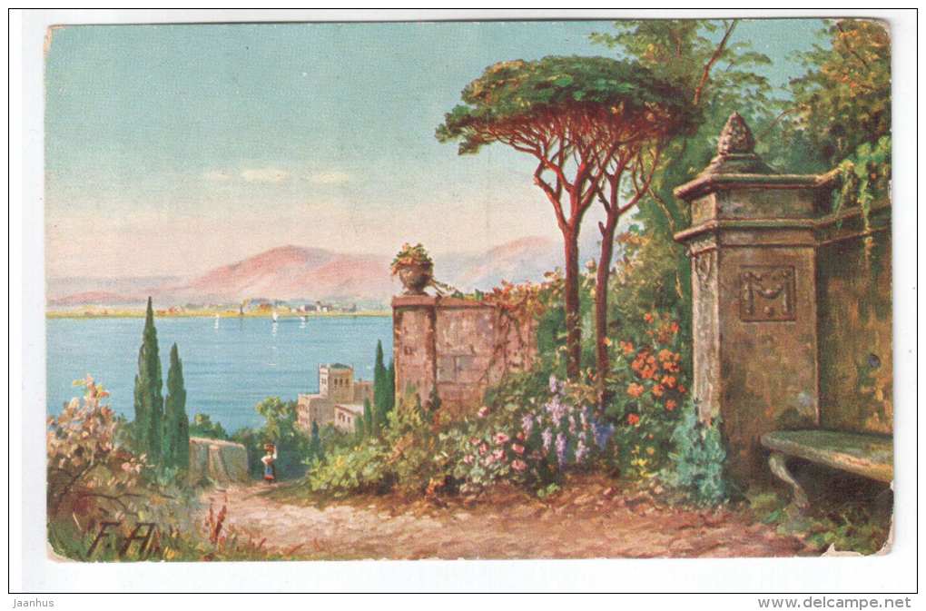 illustration by F. A. - city walls , mountains - Peluba 266 - old postcard - circulated in Estonia - used - JH Postcards