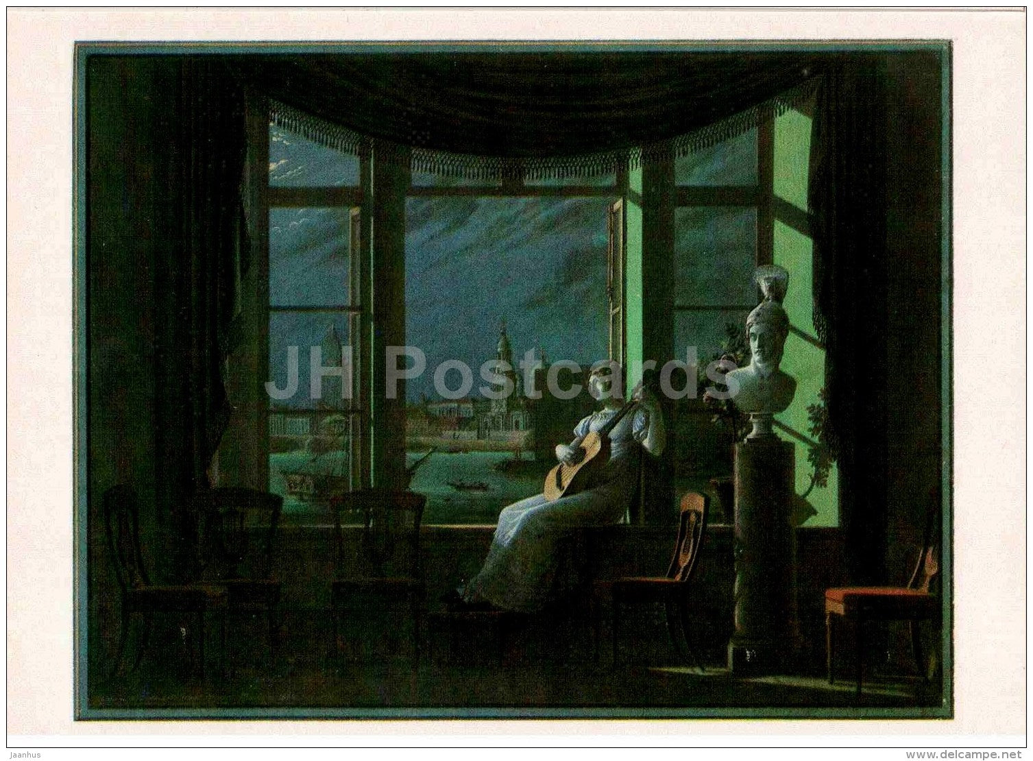 painting by F. Tolstoy - By the Window in the Moonlight , 1822 - guitar - Russian art - 1984 - Russia USSR - unused - JH Postcards