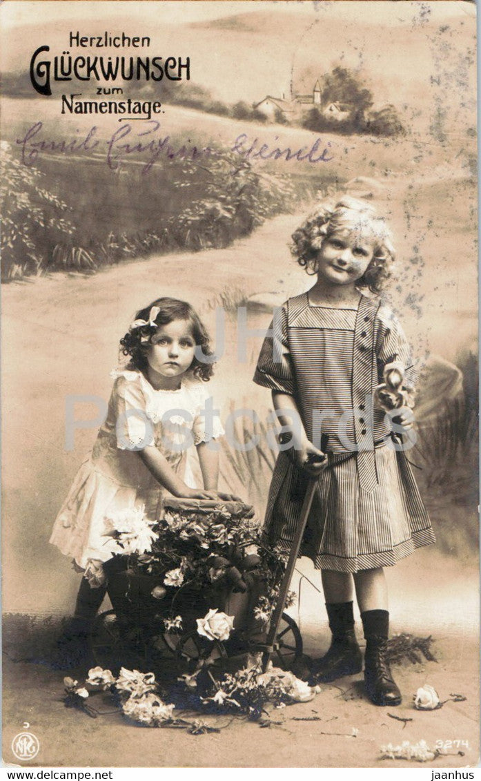 Greeting Card - Herzlichen Gluckwunsch zum Namenstage - girls - children - NPG - 3274 - old postcard - Germany 1913 used - JH Postcards