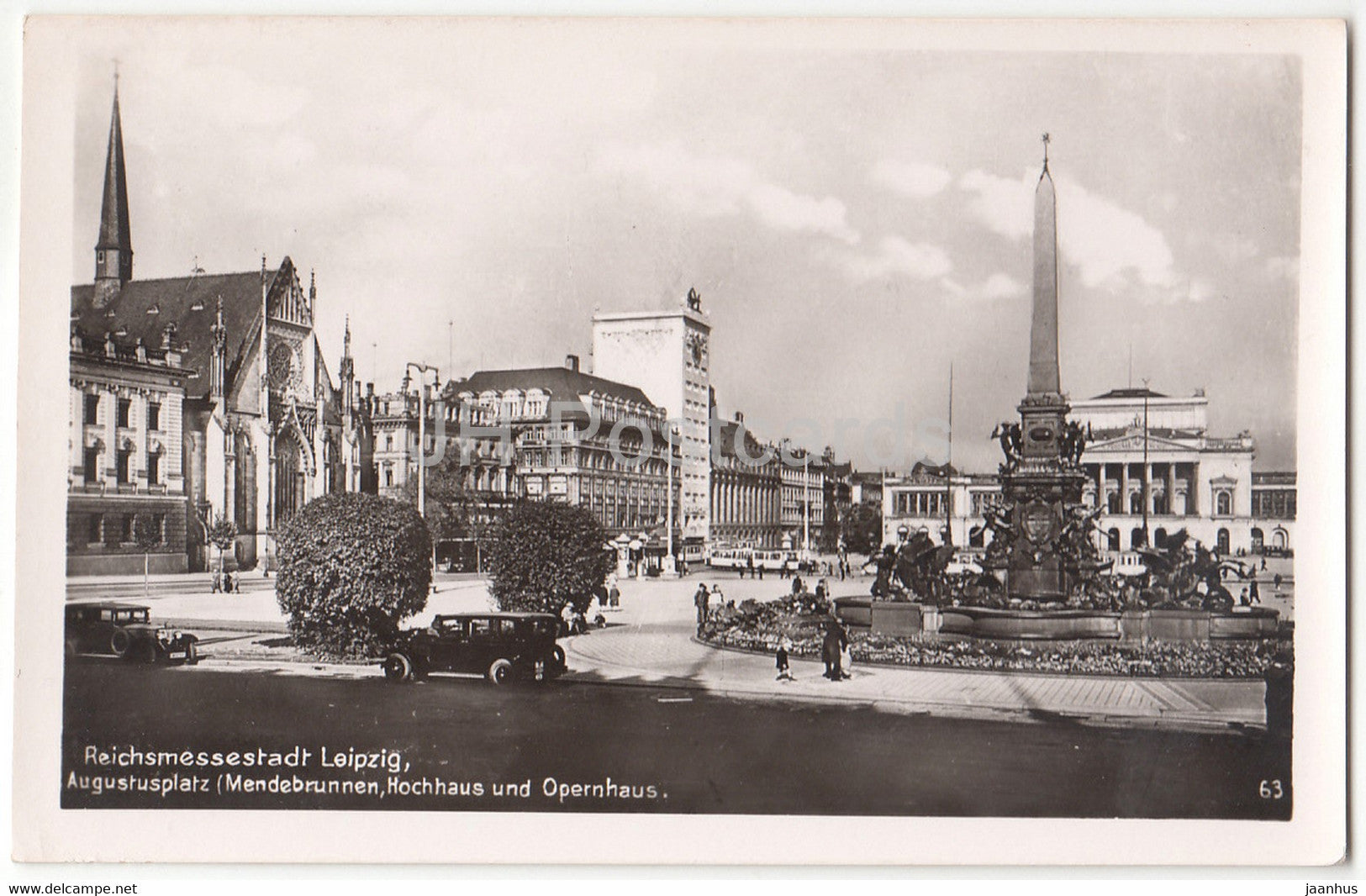 Reichsmessestadt Leipzig - Augustusplatz - Mendebrunnen - Hochhaus - Opernhaus - car - old postcard - Germany - unused - JH Postcards