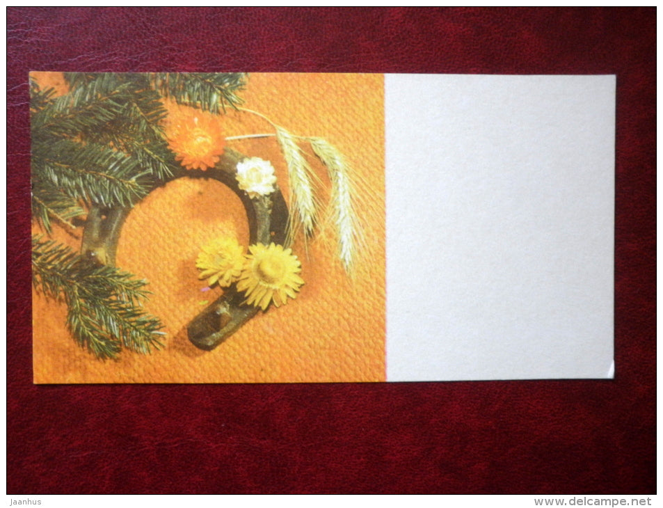 New Year mini Greeting card - horseshoe - flowers - 1975 - Estonia USSR - unused - JH Postcards