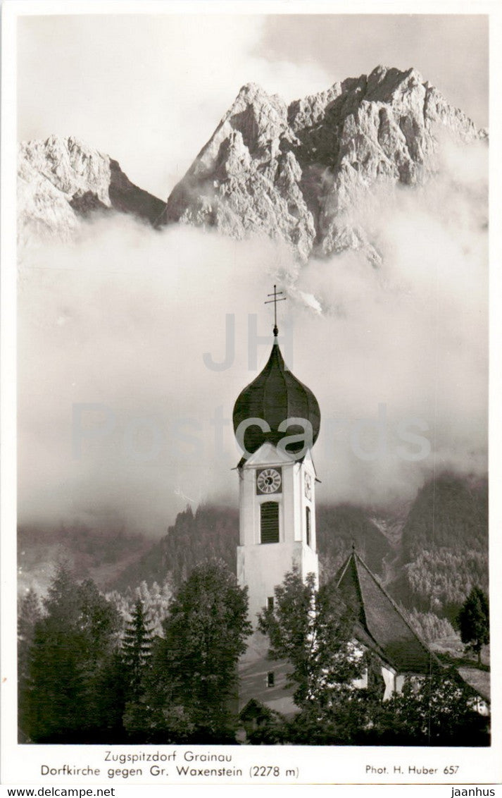 Zugspitzdorf Grainau - Dorfkirche gegen Gr. Waxenstein - church - old postcard - Germany - unused - JH Postcards