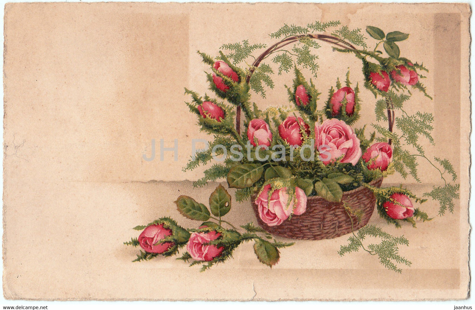 flowers in a basket - roses - Pittius - illustration - old postcard - 1941 - Germany - used - JH Postcards