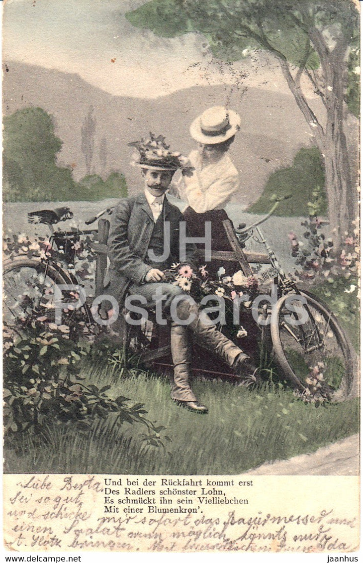 Und bei der Ruckfahrt kommt erst - couple - woman and man - bicycle - K V i B - old postcard - 1903 - Germany - used - JH Postcards