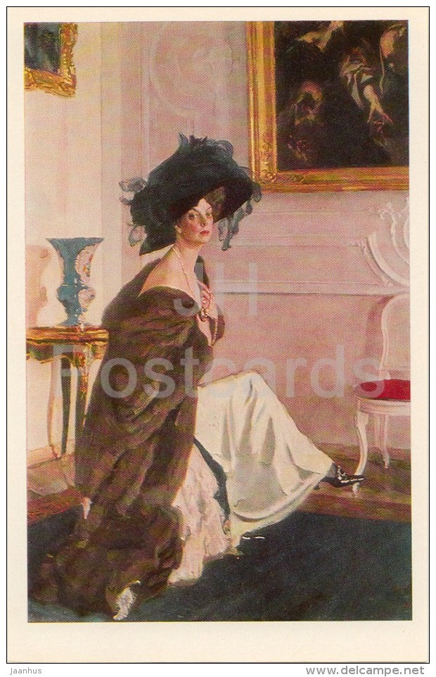 painting by V. Serov - Portrait of Olga Orlova , 1911 - hat - Russian art - Russia USSR - 1979 - unused - JH Postcards