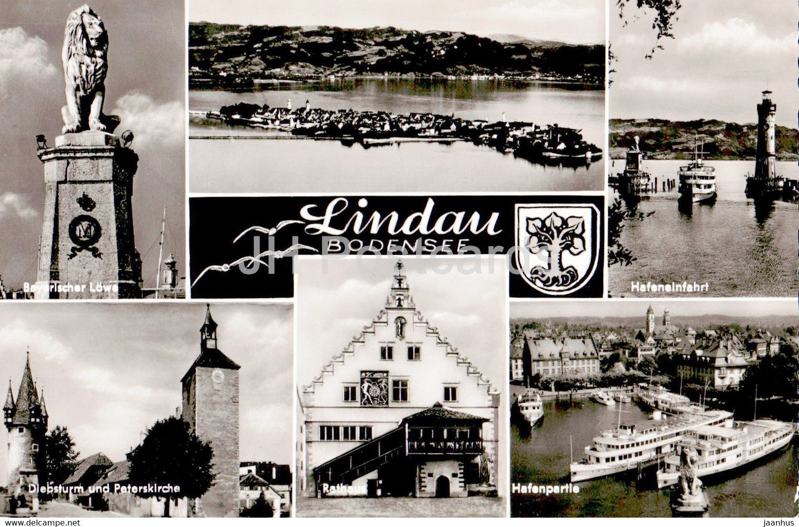 Lindau Bodensee - Bayerischer Lowe - Diebsturm - Hafenpartie - ship - Rathaus - 1963 - Germany - used - JH Postcards