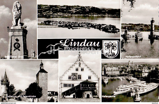 Lindau Bodensee - Bayerischer Lowe - Diebsturm - Hafenpartie - ship - Rathaus - 1963 - Germany - used - JH Postcards