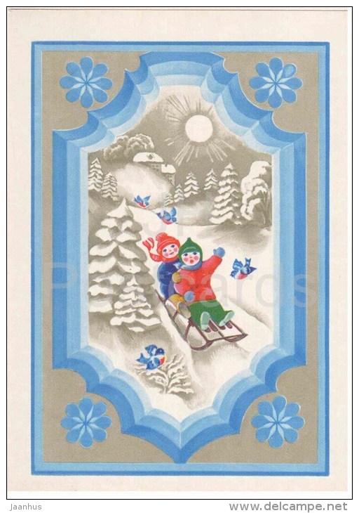 New Year greeting card  by V. Dergileva - boys sledging - 1981 - Russia USSR - unused - JH Postcards