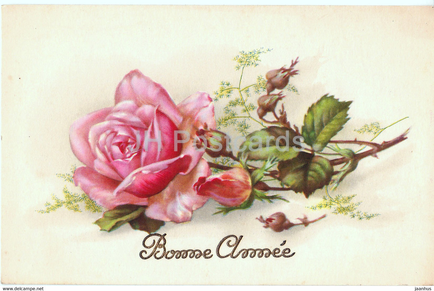 Birthday Greeting Card - Bonne Annee - flowers - pink rose - illustration - 6500 - old postcard - France - used - JH Postcards