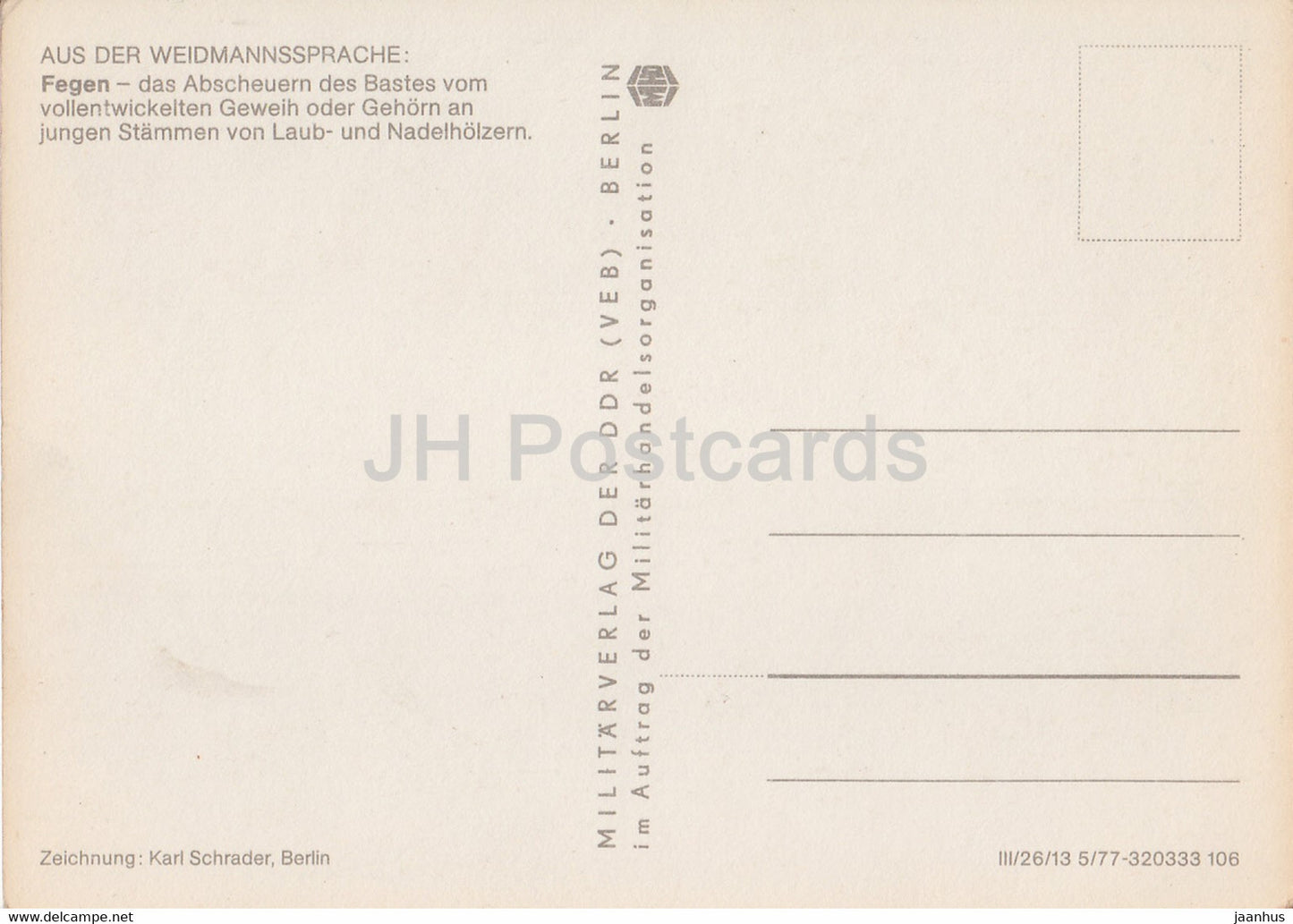 Fegender Bock - cerf - chasseur - Horrido &amp; Weidmannsheil - humour - DDR Allemagne - inutilisé