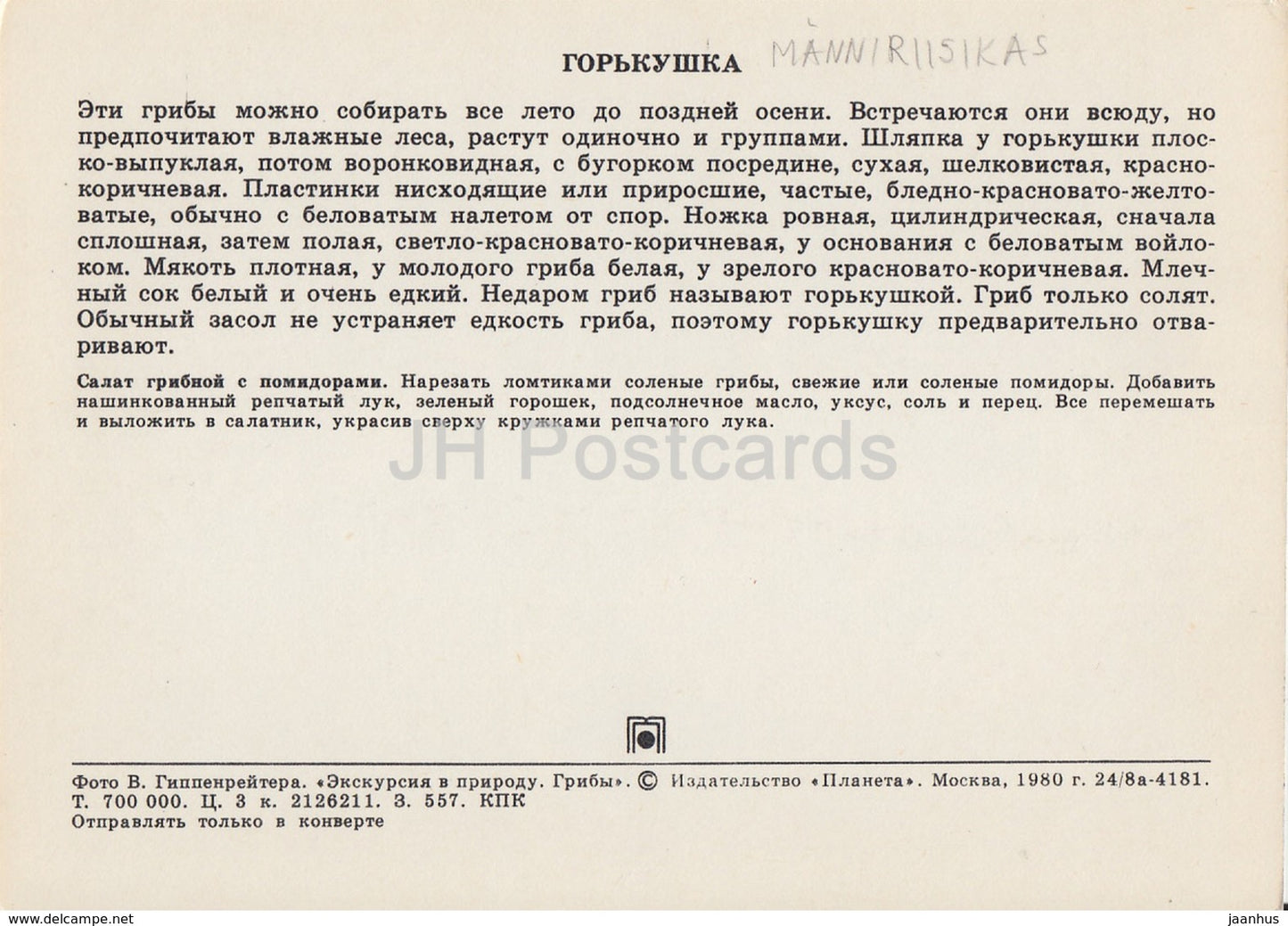Rufous Milkcap Mushroom - Lactarius rufus - Mushrooms - 1980 - Russia USSR - unused - JH Postcards