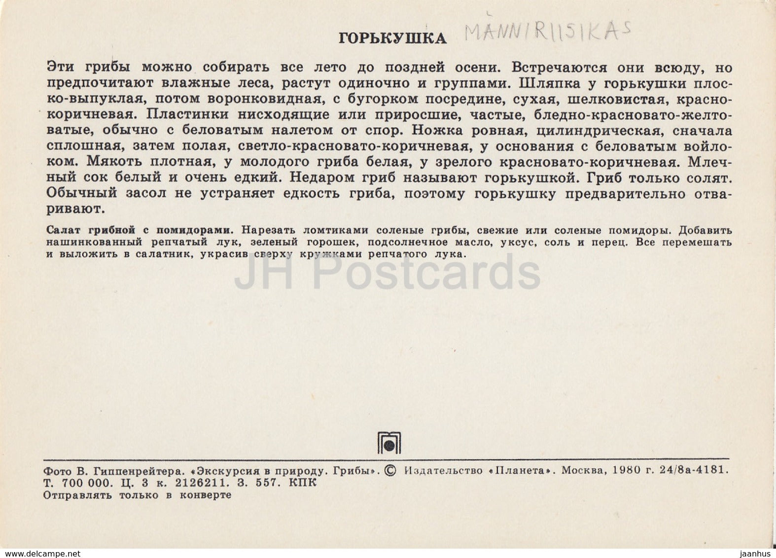 Rufous Milkcap Mushroom - Lactarius rufus - Mushrooms - 1980 - Russia USSR - unused - JH Postcards