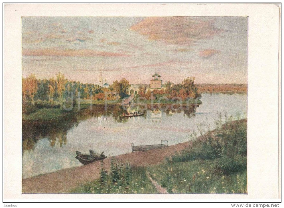 painting by I. Levitan - Vesper-Bell - church - boat - river - russian art - unused - JH Postcards